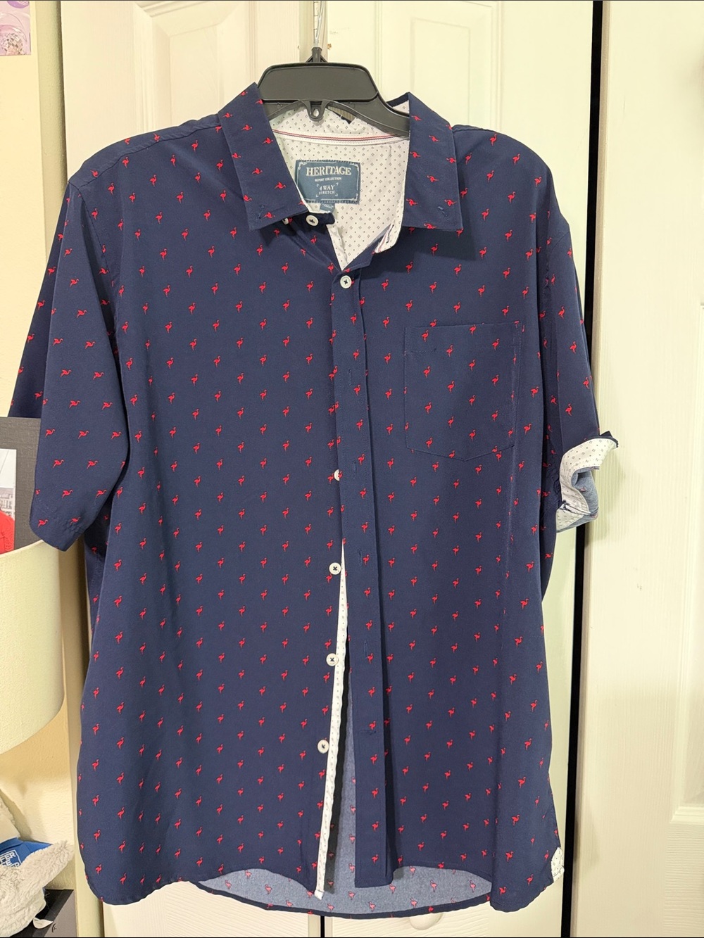 Heritage Navy Short-Sleeve Button-Up with Red Palm Print